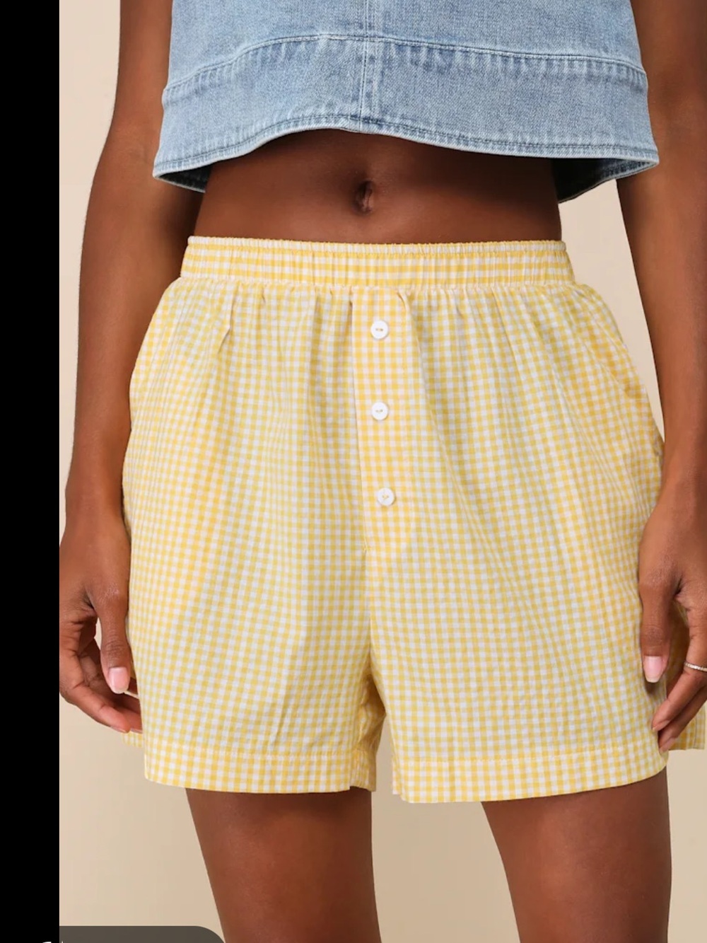 Butter Yellow Gingham Elastic-Waist Boxer Shorts